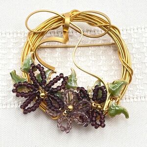 Vintage Flower Wreath Gold Tone Bow Brooch w/ Purple Beads and Enamel Leaves